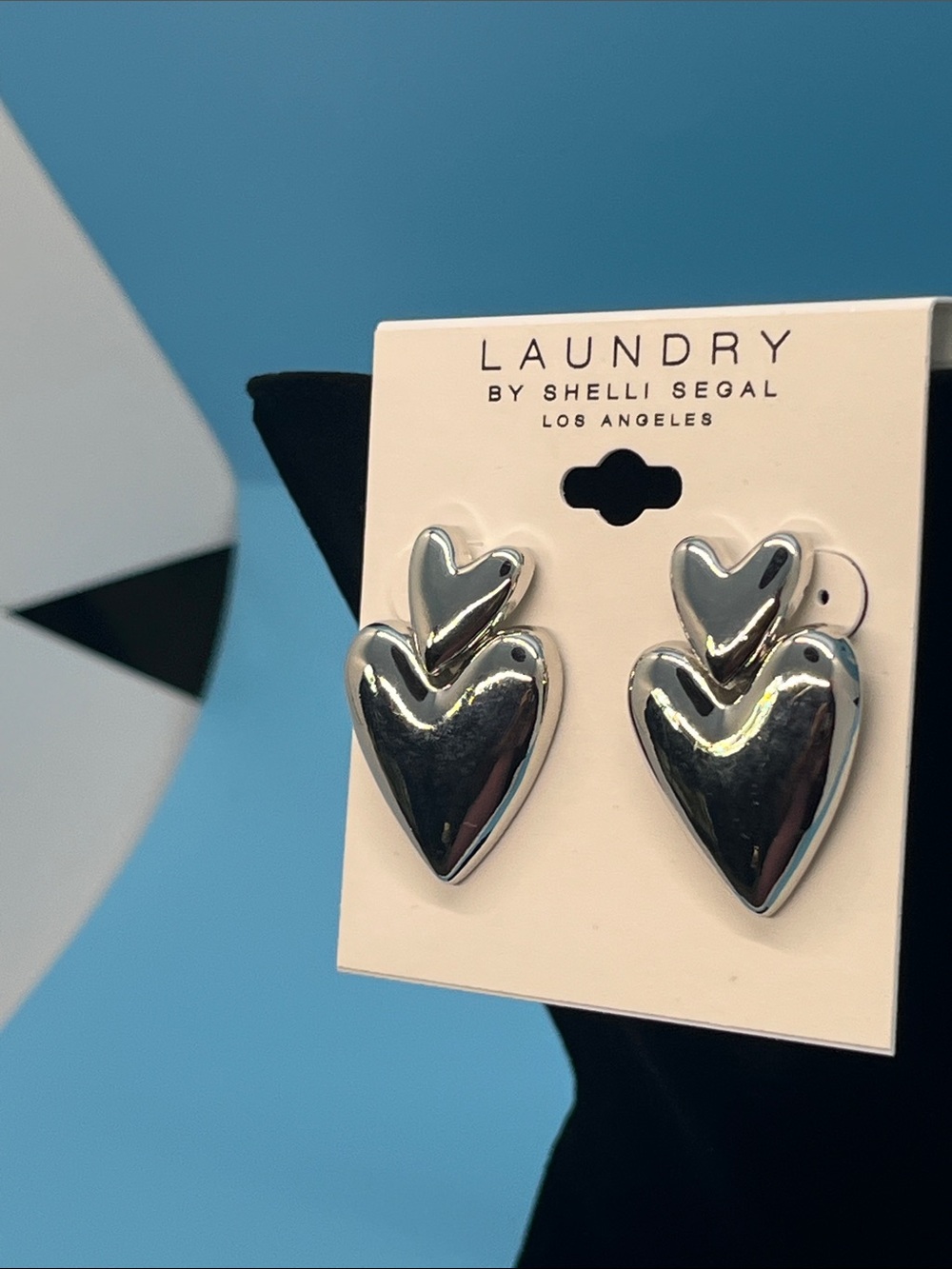 Laundry By Shelli Segal Shiny Silver Double Heart Drop Earrings